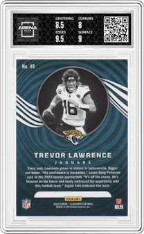 Trevor Lawrence from the 2023 Panini Illusions set featuring a Trophy Collection Green parallel graded by Arena Club and given an overall grade of 8.5.