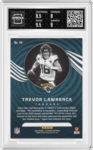 Trevor Lawrence from the 2023 Panini Illusions set featuring a Trophy Collection Green parallel graded by Arena Club and given an overall grade of 8.5.
