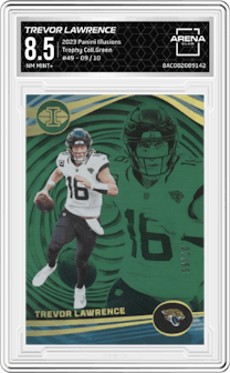 Trevor Lawrence from the 2023 Panini Illusions set featuring a Trophy Collection Green parallel graded by Arena Club and given an overall grade of 8.5.