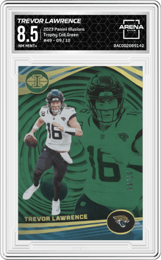Trevor Lawrence from the 2023 Panini Illusions set featuring a Trophy Collection Green parallel graded by Arena Club and given an overall grade of 8.5.