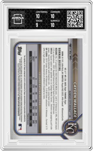 Cayden Wallace from the 2022 Bowman Draft set graded by Arena Club and given an overall grade of 9.5.