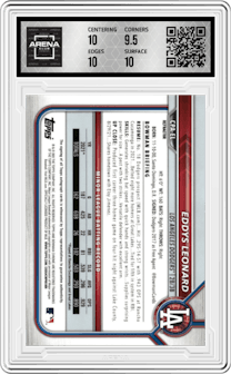 Eddys Leonard from the 2022 Bowman set featuring a Refractor  parallel graded by Arena Club and given an overall grade of 10.
