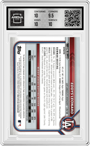 Eddys Leonard from the 2022 Bowman set featuring a Refractor  parallel graded by Arena Club and given an overall grade of 10.