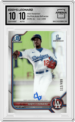 Eddys Leonard from the 2022 Bowman set featuring a Refractor  parallel graded by Arena Club and given an overall grade of 10.