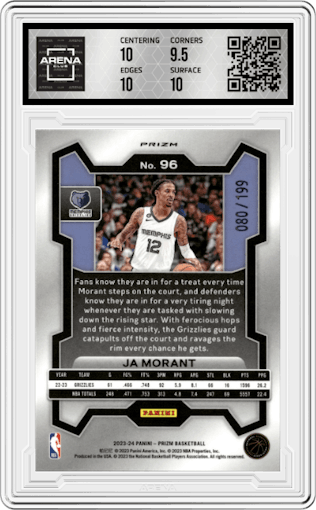 Ja Morant from the 2023-24 Panini Prizm set featuring a Blue Prizm parallel graded by Arena Club and given an overall grade of 10.