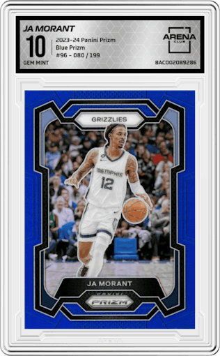 Ja Morant from the 2023-24 Panini Prizm set featuring a Blue Prizm parallel graded by Arena Club and given an overall grade of 10.