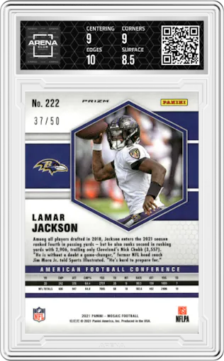 Lamar Jackson from the 2021 Panini Mosaic set featuring a No Huddle Purple parallel graded by Arena Club and given an overall grade of 9.