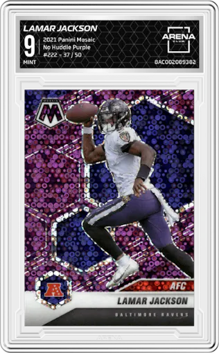 Lamar Jackson from the 2021 Panini Mosaic set featuring a No Huddle Purple parallel graded by Arena Club and given an overall grade of 9.