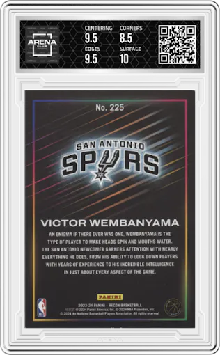 Victor Wembanyama from the 2023-24 Panini Recon set featuring a Blue Holo parallel graded by Arena Club and given an overall grade of 9.