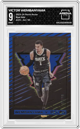 Victor Wembanyama from the 2023-24 Panini Recon set featuring a Blue Holo parallel graded by Arena Club and given an overall grade of 9.