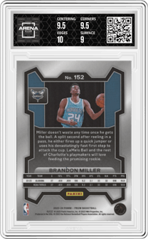 Brandon Miller from the 2023-24 Panini Prizm set graded by Arena Club and given an overall grade of 9.5.