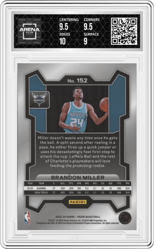 Brandon Miller from the 2023-24 Panini Prizm set graded by Arena Club and given an overall grade of 9.5.