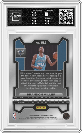 Brandon Miller from the 2023-24 Panini Prizm set graded by Arena Club and given an overall grade of 9.