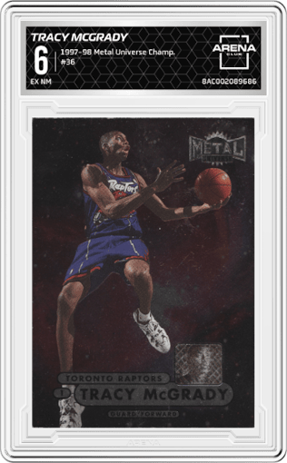 Tracy McGrady from the 1997-98 Metal Universe Championship set graded by Arena Club and given an overall grade of 6.
