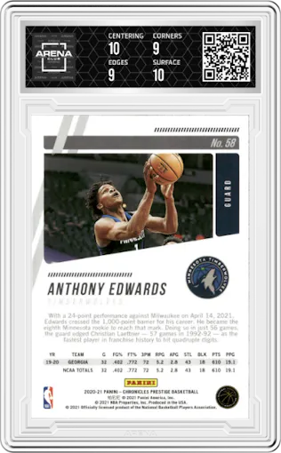 Anthony Edwards from the 2020-21 Panini Chronicles set graded by Arena Club and given an overall grade of 9.5.