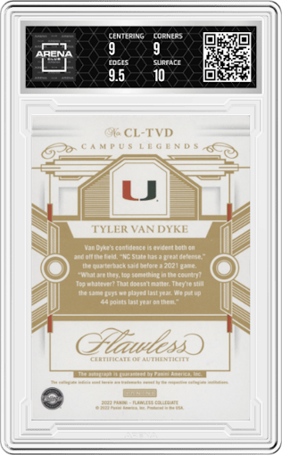 Tyler Van Dyke from the 2022 Panini Flawless Collegiate set graded by Arena Club and given an overall grade of 9.5.