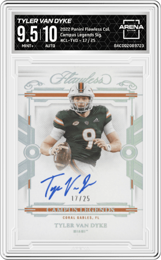 Tyler Van Dyke from the 2022 Panini Flawless Collegiate set graded by Arena Club and given an overall grade of 9.5.