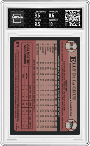 Elly De La Cruz from the 2024 Topps  set featuring a Mega Box Foil parallel graded by Arena Club and given an overall grade of 9.