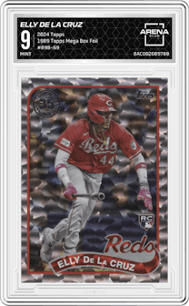 Elly De La Cruz from the 2024 Topps  set featuring a Mega Box Foil parallel graded by Arena Club and given an overall grade of 9.