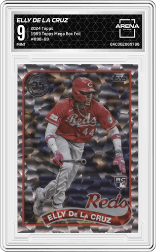 Elly De La Cruz from the 2024 Topps  set featuring a Mega Box Foil parallel graded by Arena Club and given an overall grade of 9.