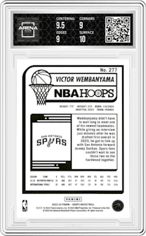 Victor Wembanyama from the 2023-24 Panini NBA Hoops set featuring a Winter parallel graded by Arena Club and given an overall grade of 9.5.