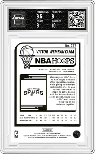 Victor Wembanyama from the 2023-24 Panini NBA Hoops set featuring a Winter parallel graded by Arena Club and given an overall grade of 9.5.