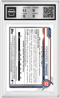 Yohendrick Pinango from the 2021 Bowman Chrome set featuring a Purple Refractor parallel graded by Arena Club and given an overall grade of 10.
