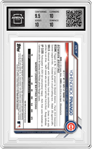 Yohendrick Pinango from the 2021 Bowman Chrome set featuring a Purple Refractor parallel graded by Arena Club and given an overall grade of 10.