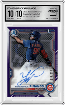 Yohendrick Pinango from the 2021 Bowman Chrome set featuring a Purple Refractor parallel graded by Arena Club and given an overall grade of 10.