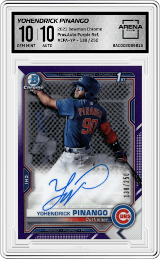 Yohendrick Pinango from the 2021 Bowman Chrome set featuring a Purple Refractor parallel graded by Arena Club and given an overall grade of 10.