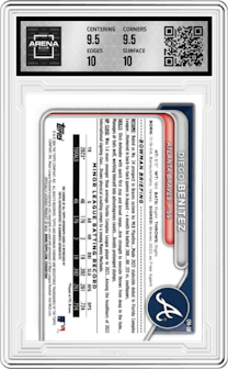 Diego Benitez from the 2024 Bowman set featuring a Purple Refractor parallel graded by Arena Club and given an overall grade of 10.