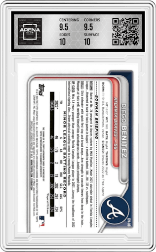 Diego Benitez from the 2024 Bowman set featuring a Purple Refractor parallel graded by Arena Club and given an overall grade of 10.