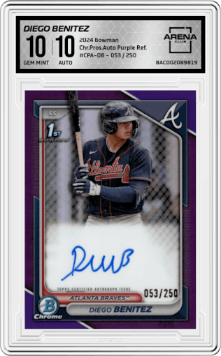 Diego Benitez from the 2024 Bowman set featuring a Purple Refractor parallel graded by Arena Club and given an overall grade of 10.