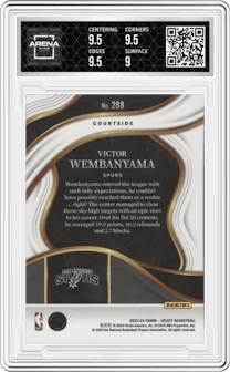 Victor Wembanyama from the 2023-24 Panini Select  set graded by Arena Club and given an overall grade of 9.5.