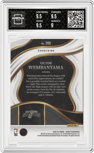 Victor Wembanyama from the 2023-24 Panini Select  set graded by Arena Club and given an overall grade of 9.5.