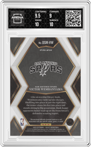 Victor Wembanyama from the 2023-24 Panini Select  set graded by Arena Club and given an overall grade of 9.5.