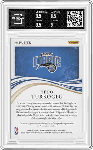 Hedo Turkoglu from the 2019-20 Panini Immaculate Collection set featuring a Premium Edtion parallel graded by Arena Club and given an overall grade of 9.