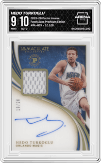 Hedo Turkoglu from the 2019-20 Panini Immaculate Collection set featuring a Premium Edtion parallel graded by Arena Club and given an overall grade of 9.