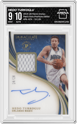 Hedo Turkoglu from the 2019-20 Panini Immaculate Collection set featuring a Premium Edtion parallel graded by Arena Club and given an overall grade of 9.
