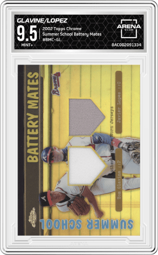 Tom Glavine/Javier Lopez from the 2002 Topps Chrome set graded by Arena Club and given an overall grade of 9.5.