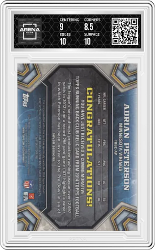 Adrian Peterson from the 2014 Topps set featuring a Silver parallel graded by Arena Club and given an overall grade of 9.