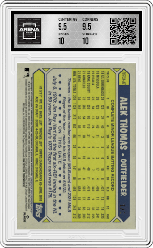Alek Thomas from the 2022 Topps Silver Pack  set featuring a SuperFractor  parallel graded by Arena Club and given an overall grade of 10.
