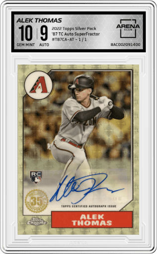 Alek Thomas from the 2022 Topps Silver Pack  set featuring a SuperFractor  parallel graded by Arena Club and given an overall grade of 10.