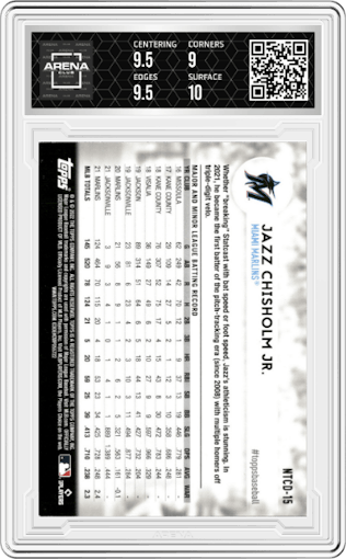 Jazz Chisholm from the 2023 Topps Archives Signature Series Active Player Edition  set graded by Arena Club and given an overall grade of 9.5.
