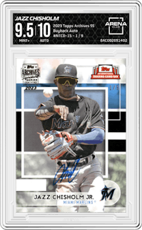Jazz Chisholm from the 2023 Topps Archives Signature Series Active Player Edition  set graded by Arena Club and given an overall grade of 9.5.