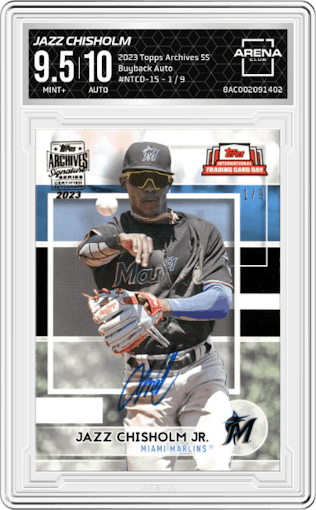 Jazz Chisholm from the 2023 Topps Archives Signature Series Active Player Edition  set graded by Arena Club and given an overall grade of 9.5.