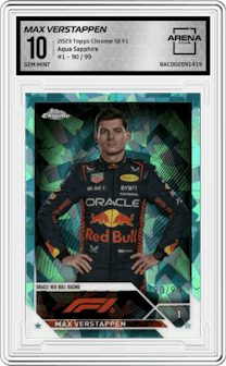 Max Verstappen from the 2023 Topps Chrome Sapphire Edition Formula 1 set featuring a Aqua Sapphire parallel graded by Arena Club and given an overall grade of 10.