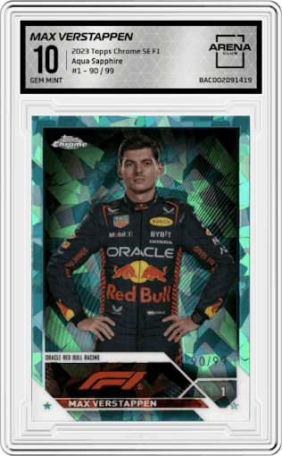 Max Verstappen from the 2023 Topps Chrome Sapphire Edition Formula 1 set featuring a Aqua Sapphire parallel graded by Arena Club and given an overall grade of 10.