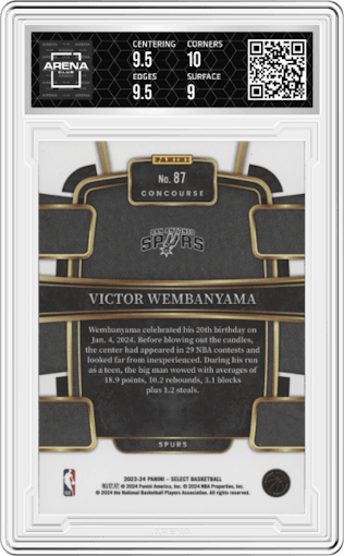 Victor Wembanyama from the 2023-24 Panini Select  set featuring a Blue Retail parallel graded by Arena Club and given an overall grade of 9.5.