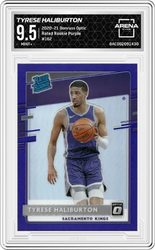 Tyrese Haliburton from the 2020-21 Panini Donruss Optic set featuring a Purple parallel graded by Arena Club and given an overall grade of 9.5.